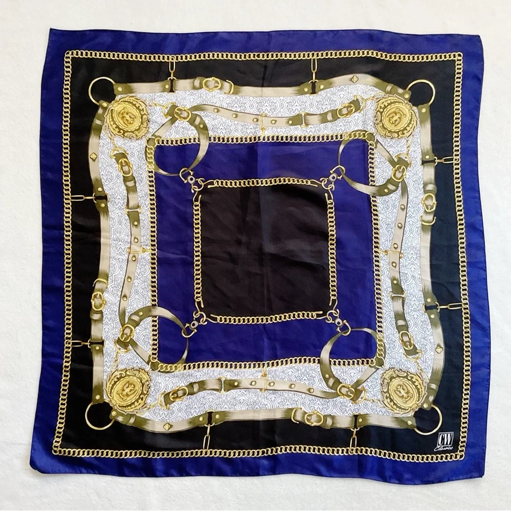 Vintage Equestrian Chain Medallion Scarf 36” Square Navy Gold Silk Feel